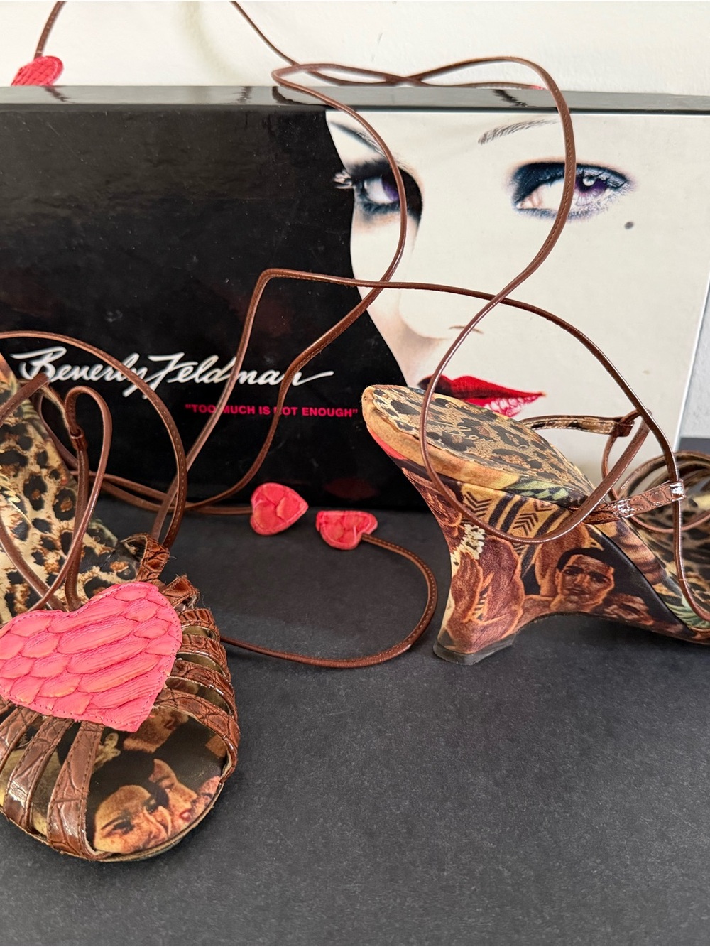 Beverly Feldman Brown Leopard Print Ankle-Wrap Sandals with Pink Heart Accents